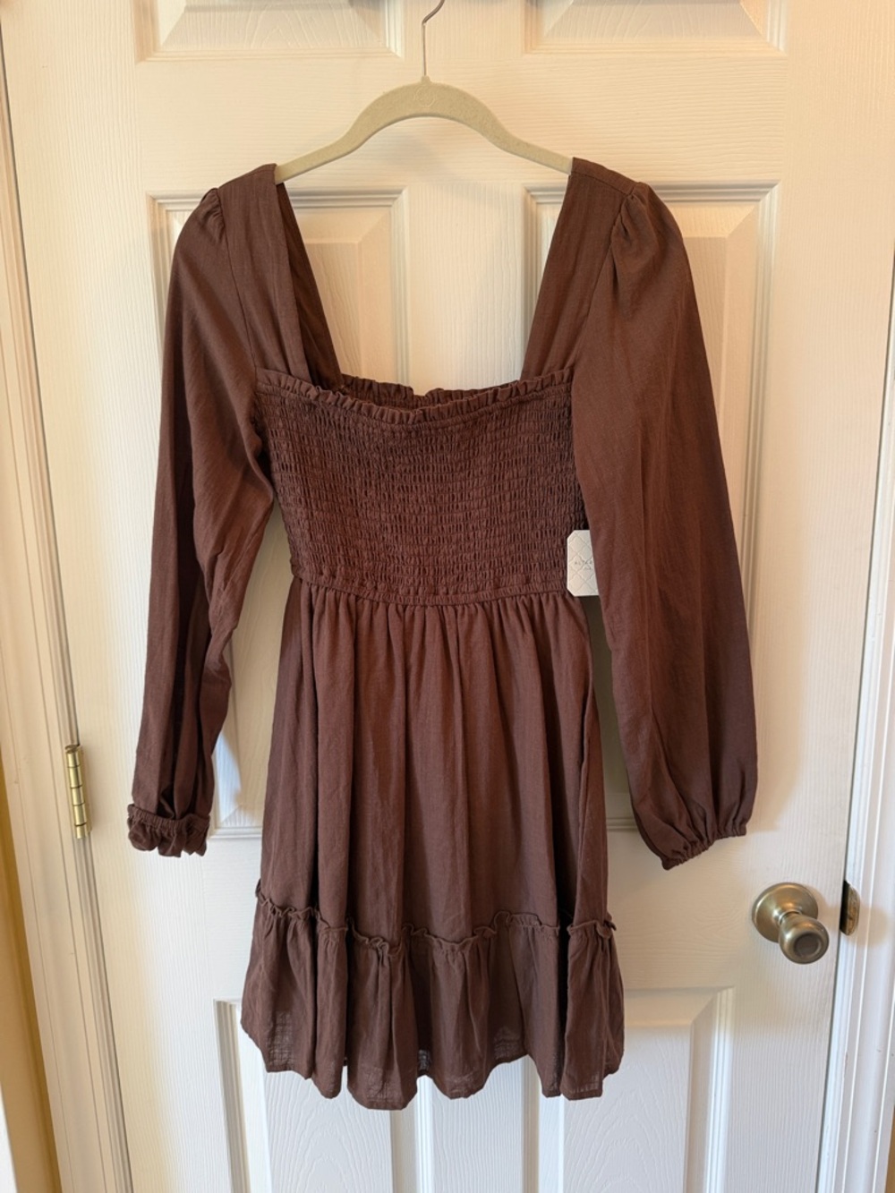 Brown Long-Sleeve Smocked Waist Mini Dress